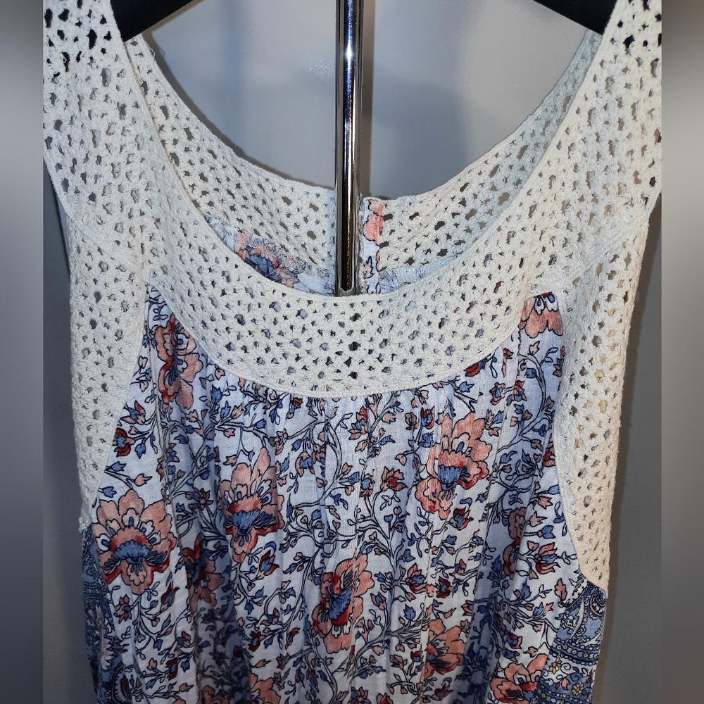 Cato Fashion Loose Fit Blue and White with Floral Tank Top with Crochet Trim. - Picture 3 of 12